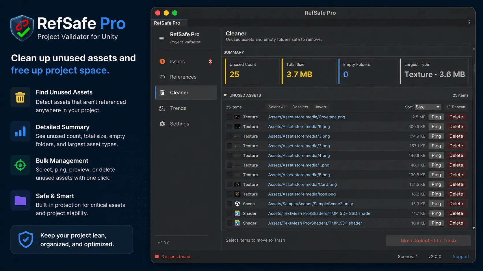 RefSafe Pro Cleaner tab listing unused assets with size summary and bulk actions