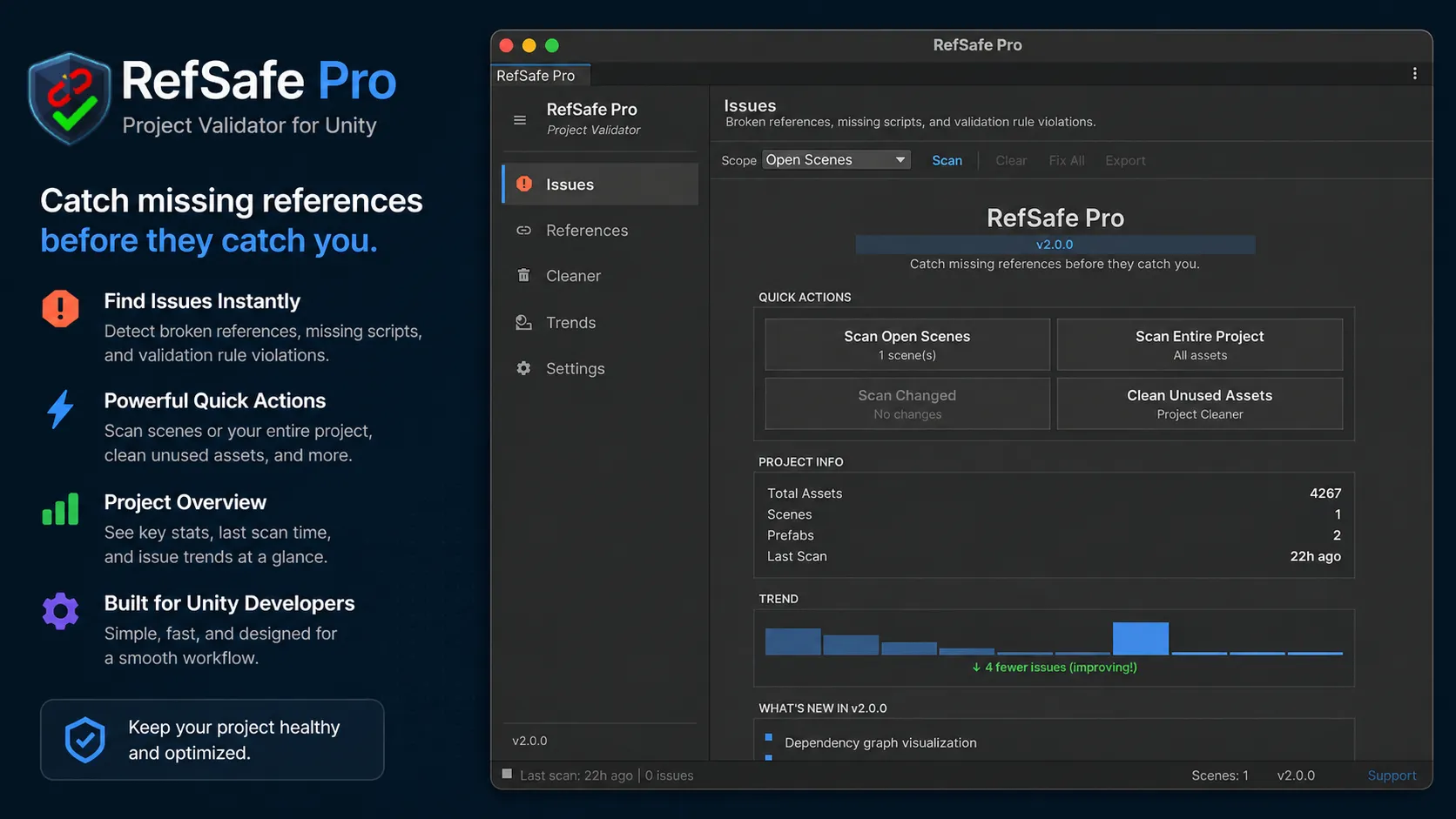RefSafe Pro welcome dashboard with quick actions, project info, and issue trend