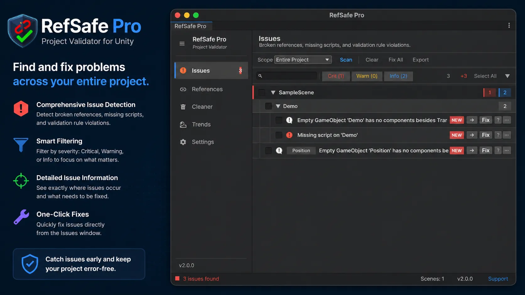 RefSafe Pro Issues tab showing detected issues with severity filters and one-click Fix buttons
