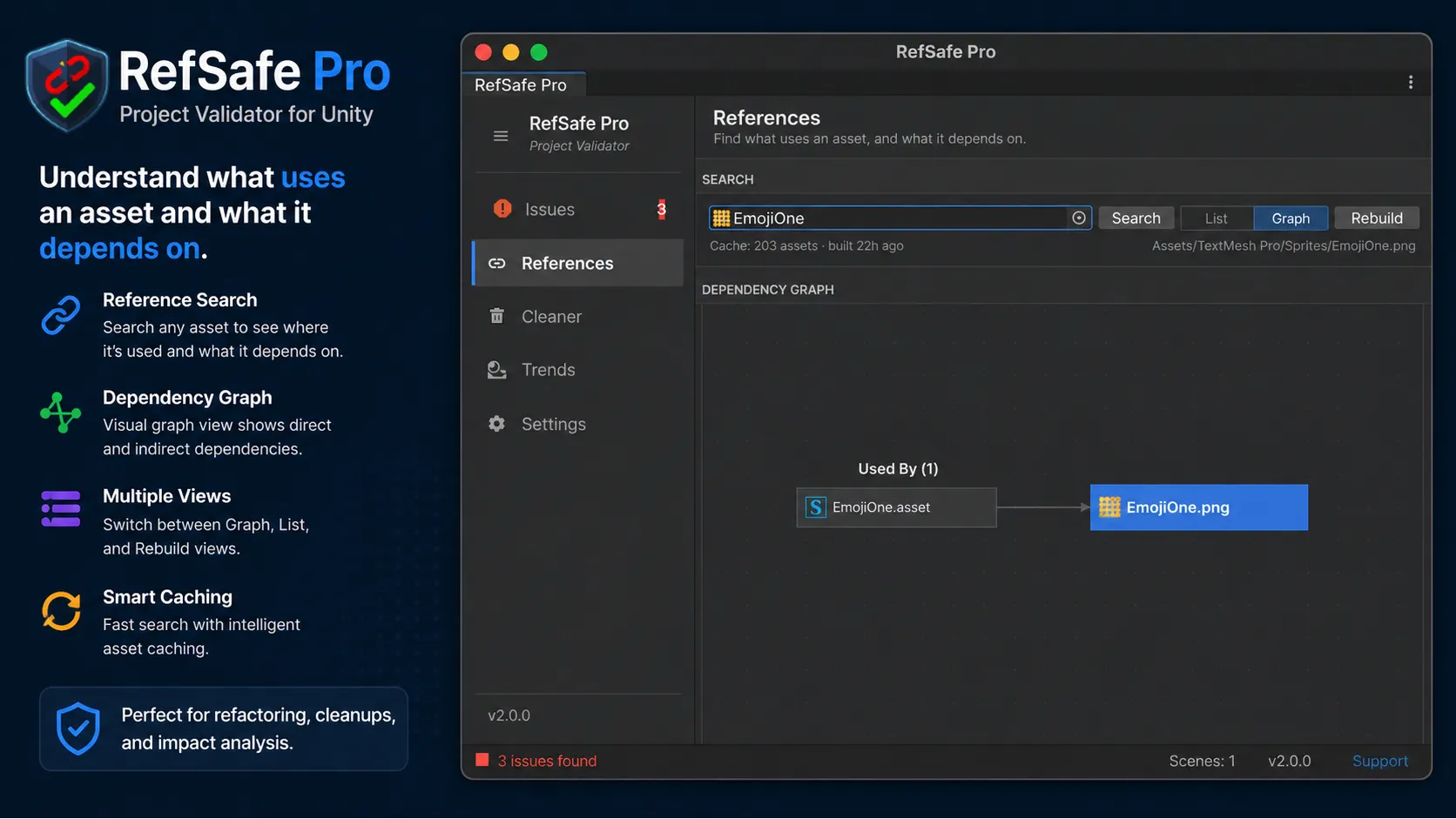 RefSafe Pro References tab with dependency graph view
