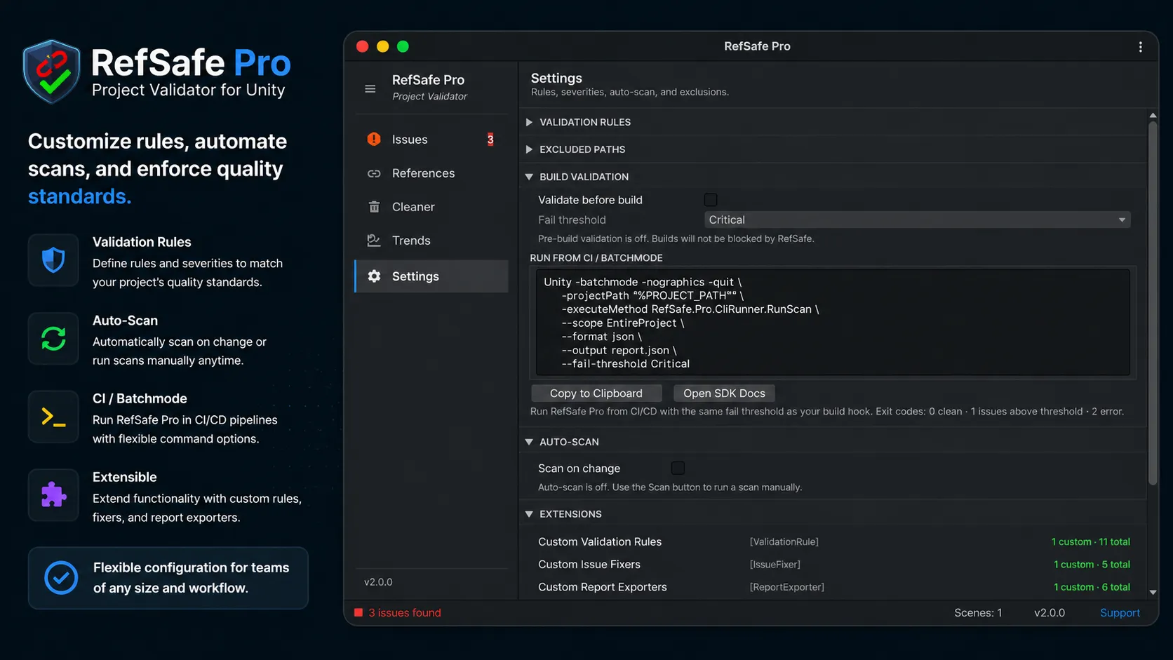 RefSafe Pro Settings tab with build validation, CI batchmode command, and extension points