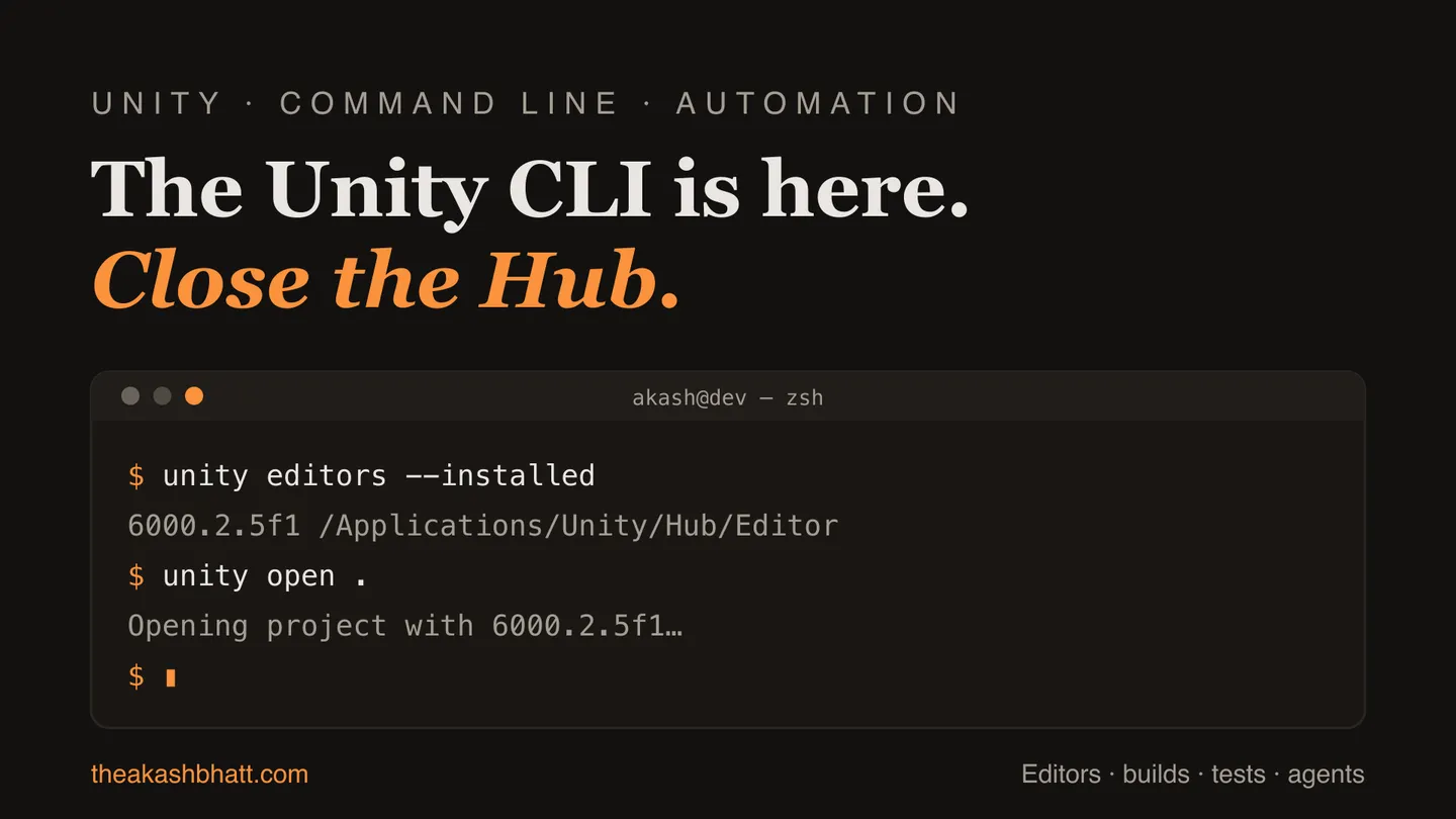 Terminal window running Unity CLI commands: unity editors --installed and unity open